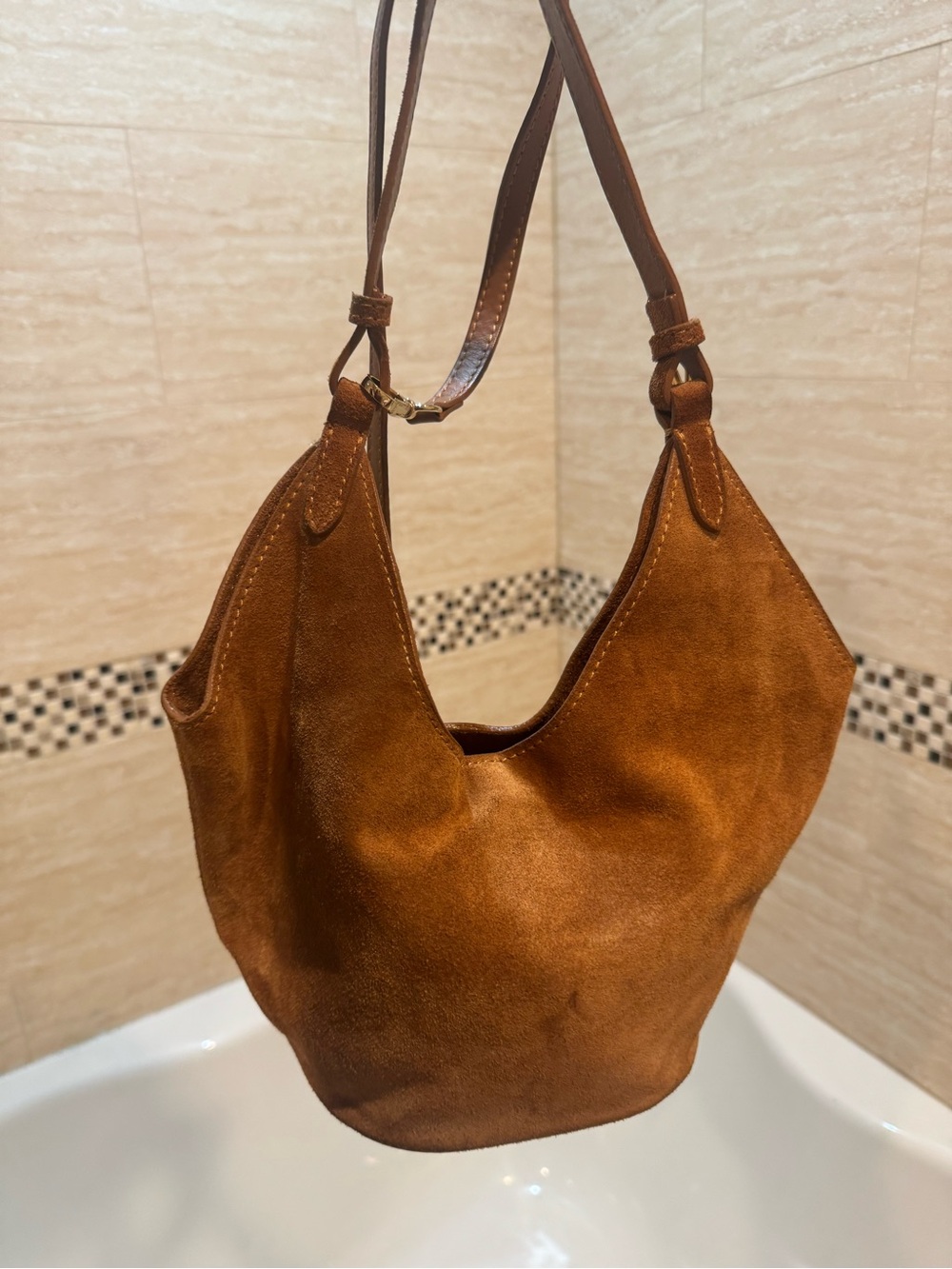 Real Suede Hobo Shoulder Bag in Cognac Brown-Made in Italy